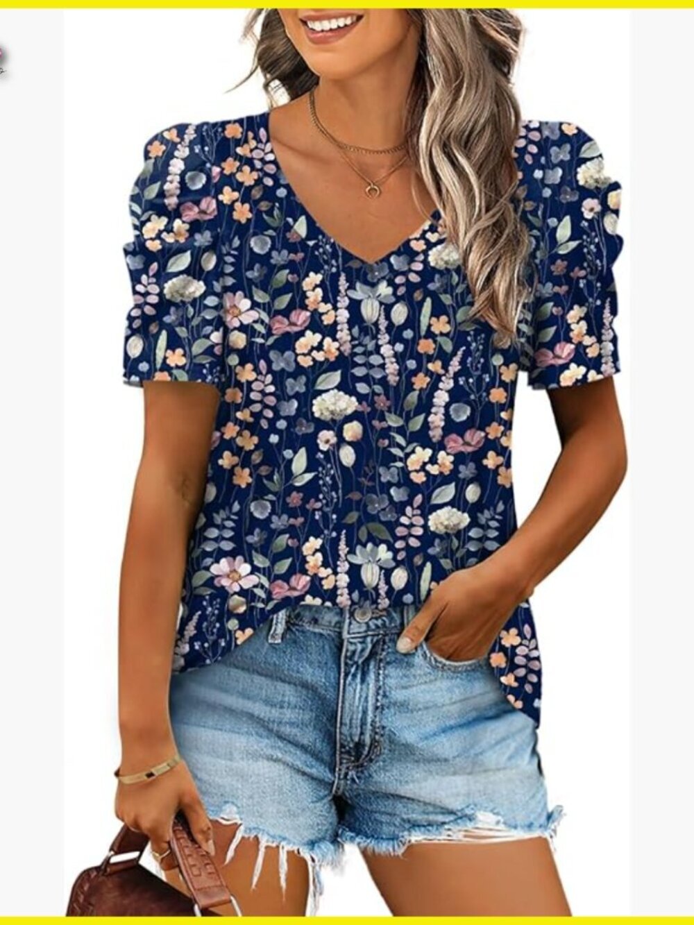 V-Neck Puff Sleeve T-Shirt Lightweight Fabric Loose Fit Casual Chic Top